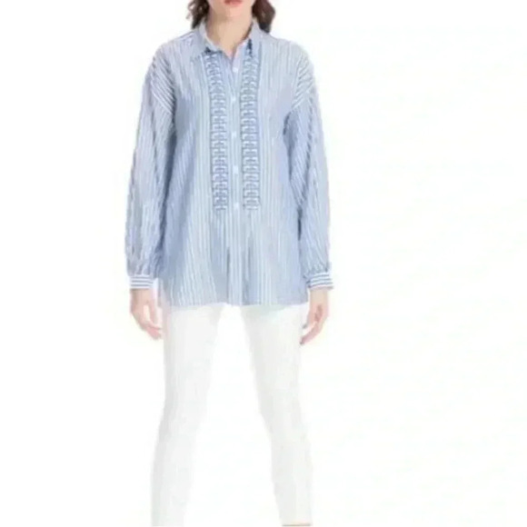 [L]Max Studio 100 Modal White Blue Straps Prints Button  Down Women Shirt - Picture 1 of 11